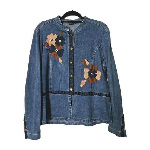 Vtg Floral Patchwork Denim Jacket Womens L Blue Retro Bohemian Y2K Hippie Artsy - Picture 1 of 10